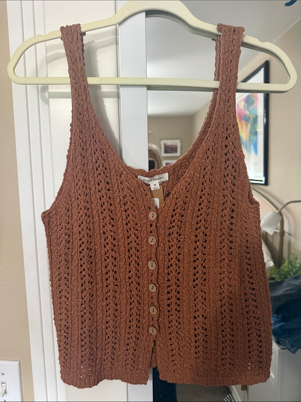 Blu pepper Rust Crochet Button-Front Tank medium